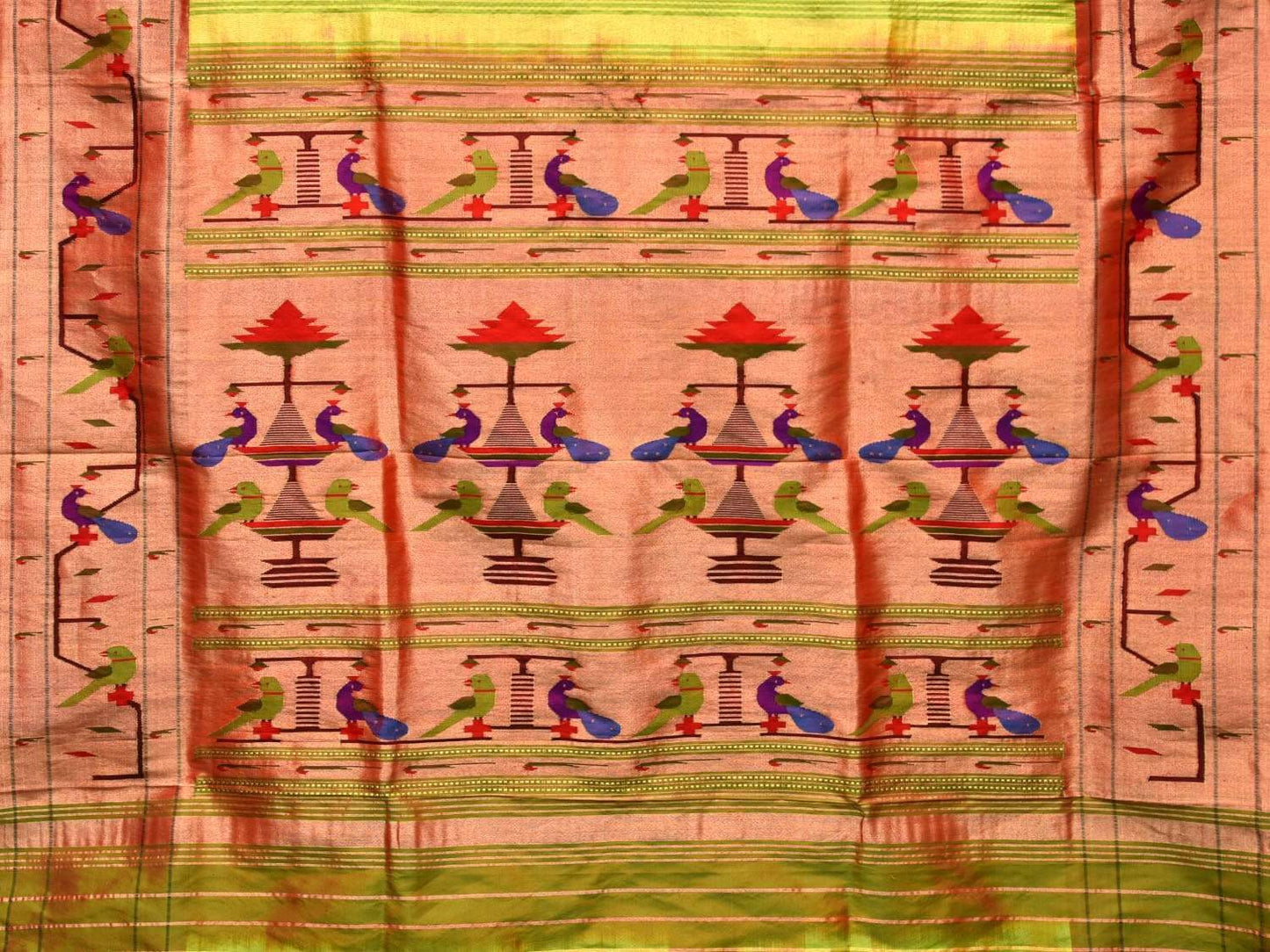 Light Green Paithani Silk Handloom Saree with Peacock-Parrot Border Design p0360