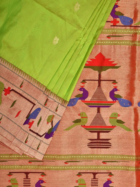 Light Green Paithani Silk Handloom Saree with Peacock-Parrot Border Design p0360