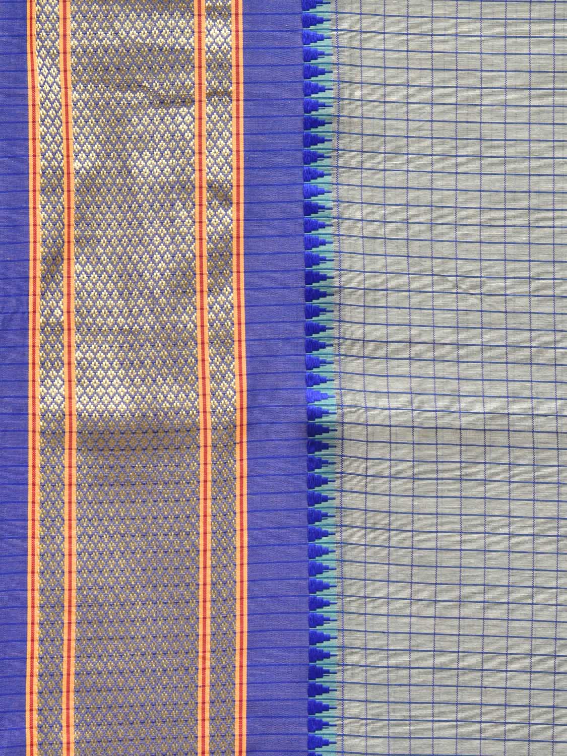 Light Grey and Blue Bamboo Cotton Saree with Checks Design bc0095