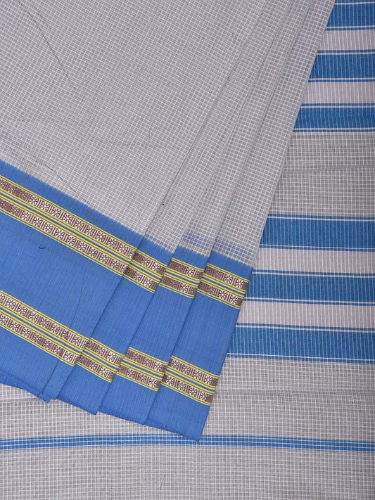 Light Grey and Blue Bamboo Cotton Saree with Small Checks Design No Blouse bc0832