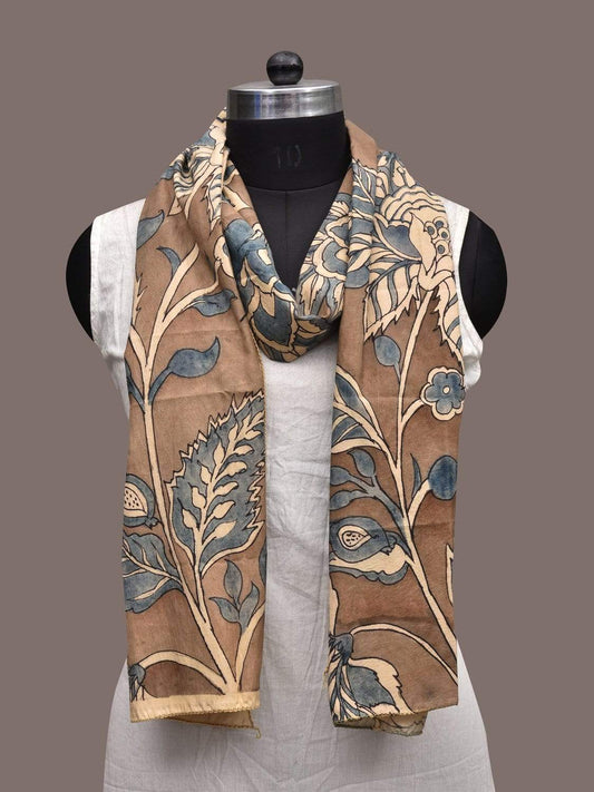 Light Grey and Blue Kalamkari Hand Painted Silk Stole with Floral Design ds2311
