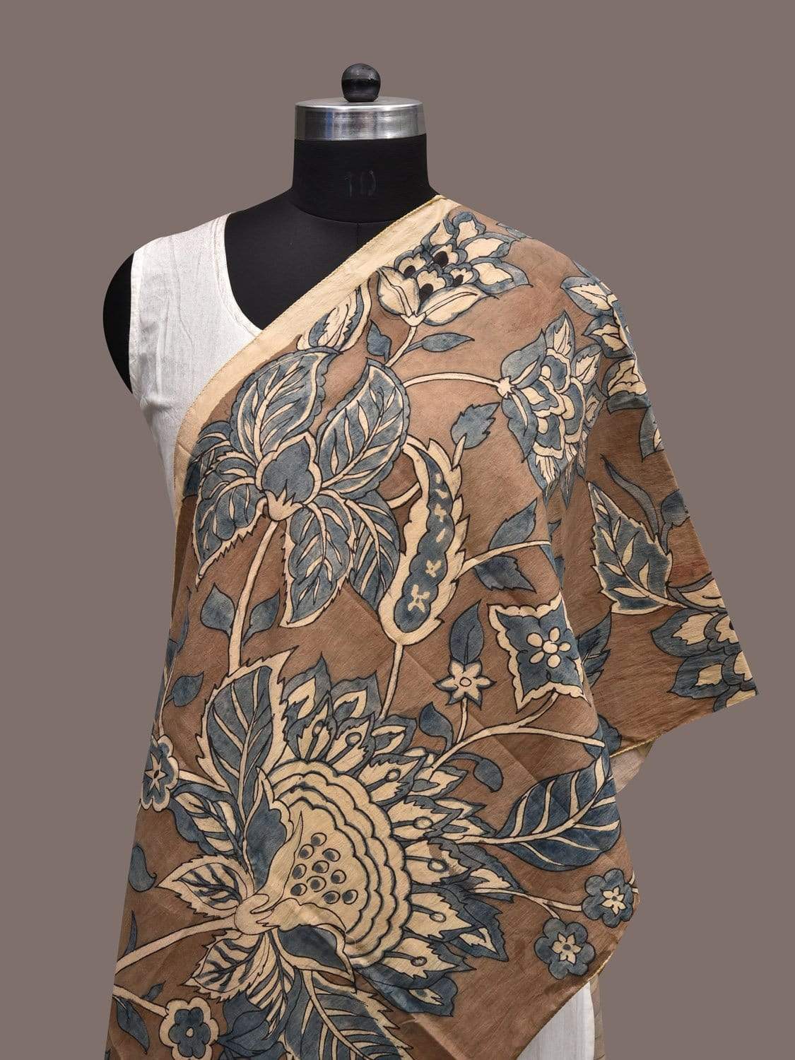 Light Grey and Blue Kalamkari Hand Painted Silk Stole with Floral Design ds2311