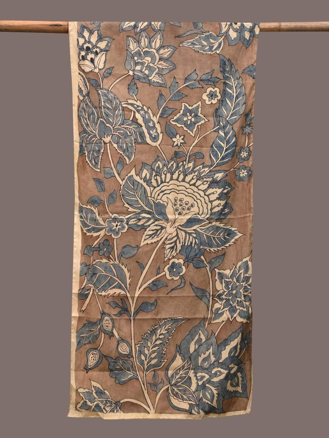 Light Grey and Blue Kalamkari Hand Painted Silk Stole with Floral Design ds2311