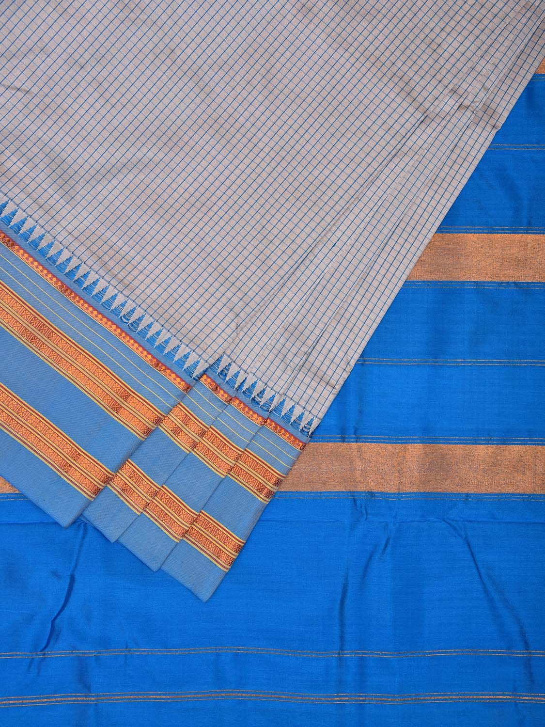 Light Grey and Blue Narayanpet Silk Handloom Saree with Checks Design No Blouse np1036