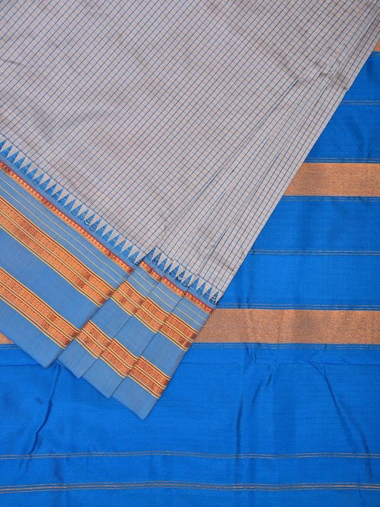Light Grey and Blue Narayanpet Silk Handloom Saree with Checks Design No Blouse np1036