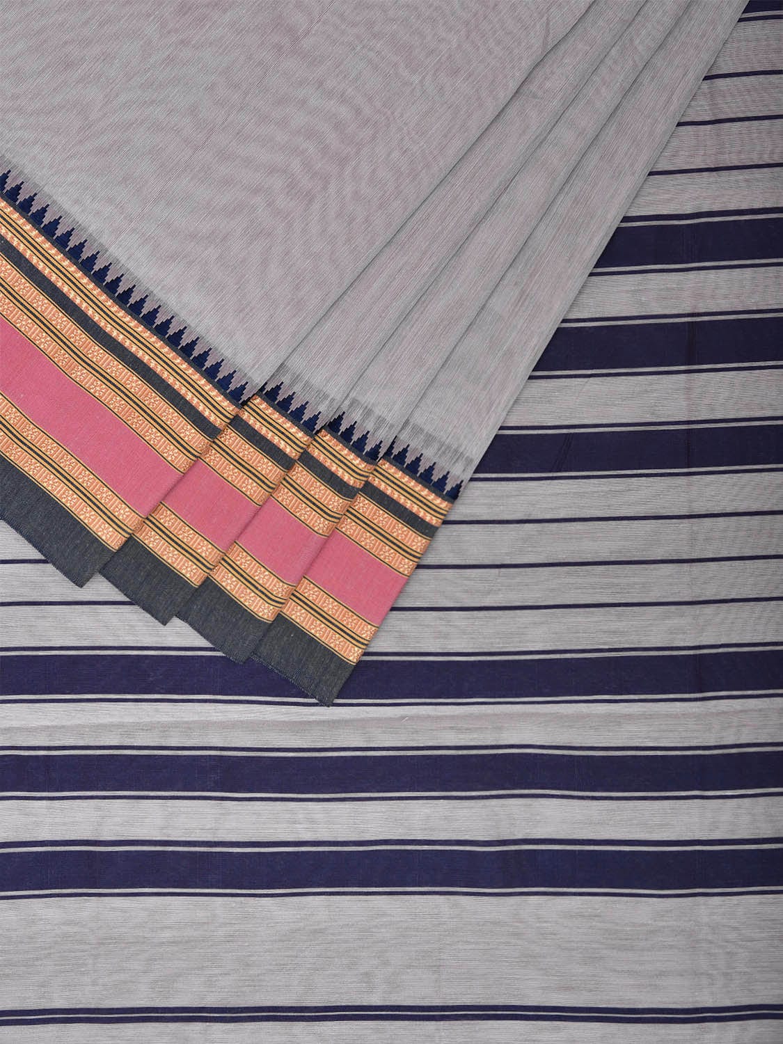 Light Grey and Dark Blue Bamboo Cotton Plain Saree with Strips Pallu Design No Blouse bc0785