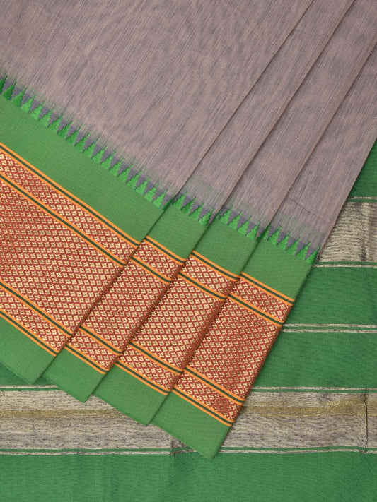 Light Grey and Green Bamboo Cotton Plain Saree with Narali Border No Blouse bc0555
