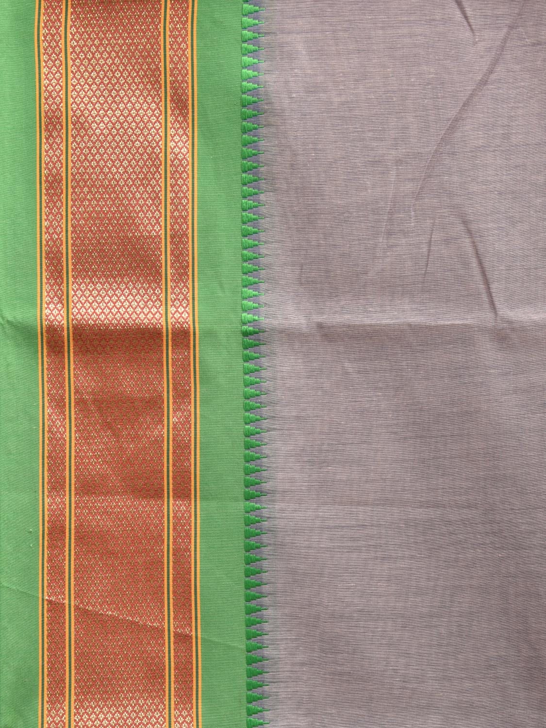 Light Grey and Green Bamboo Cotton Plain Saree with Narali Border No Blouse bc0555