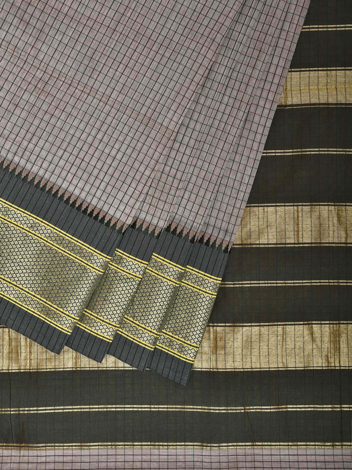 Light Grey and Green Bamboo Cotton Saree with Checks Design No Blouse bc0821