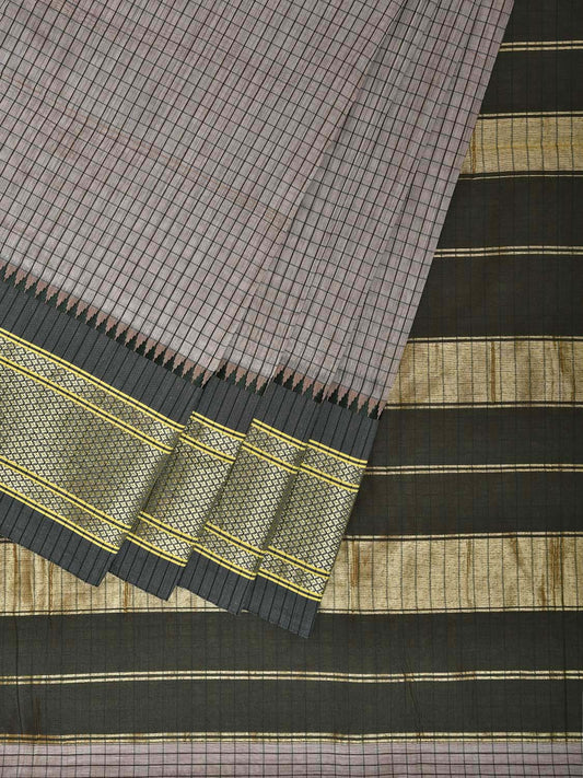 Light Grey and Green Bamboo Cotton Saree with Checks Design No Blouse bc0821