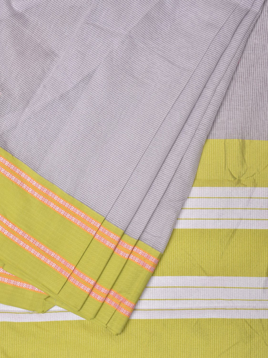 Light Grey and Green Bamboo Cotton Saree with Strips Design No Blouse bc0209