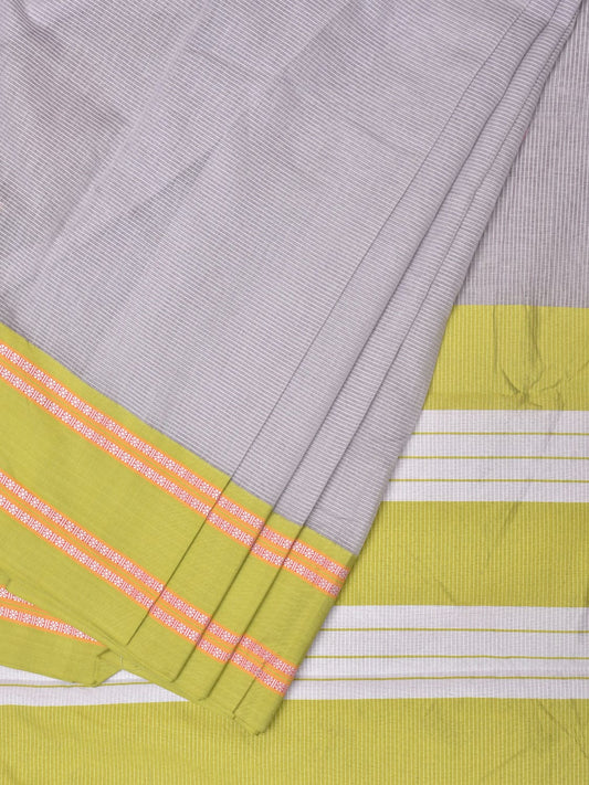 Light Grey and Green Bamboo Cotton Saree with Strips Design No Blouse bc0209