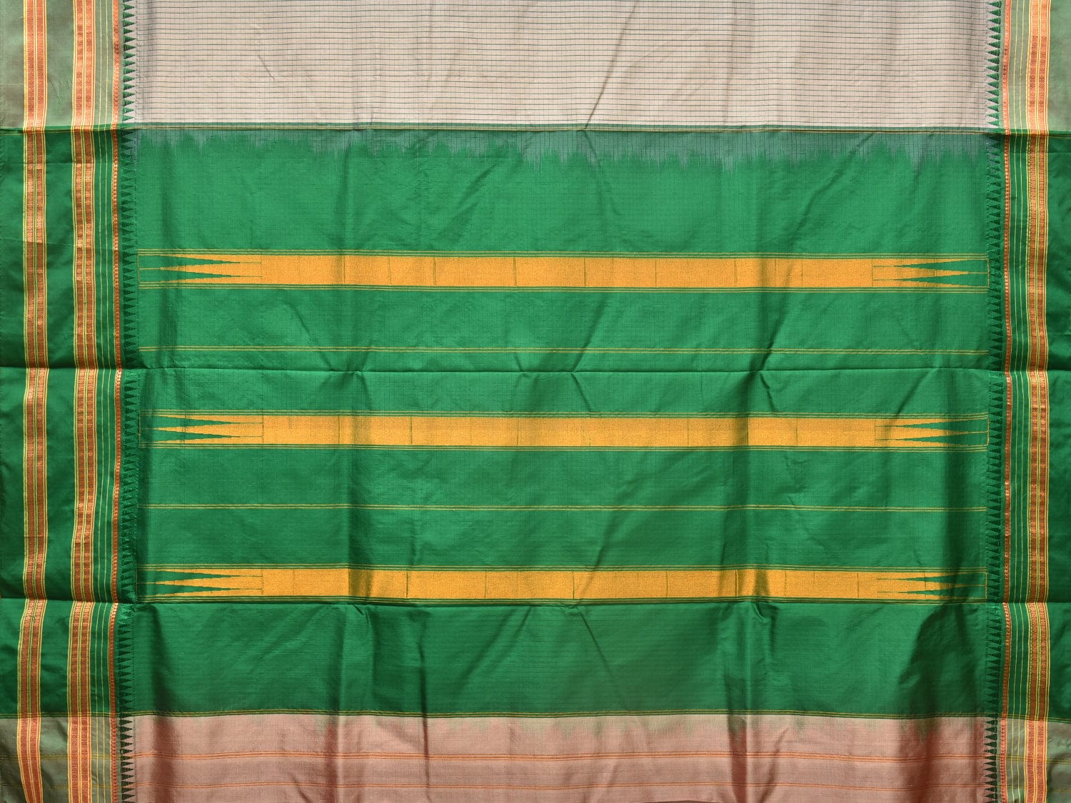 Light Grey and Green Narayanpet Silk Handloom Saree with Checks Design No Blouse np0750