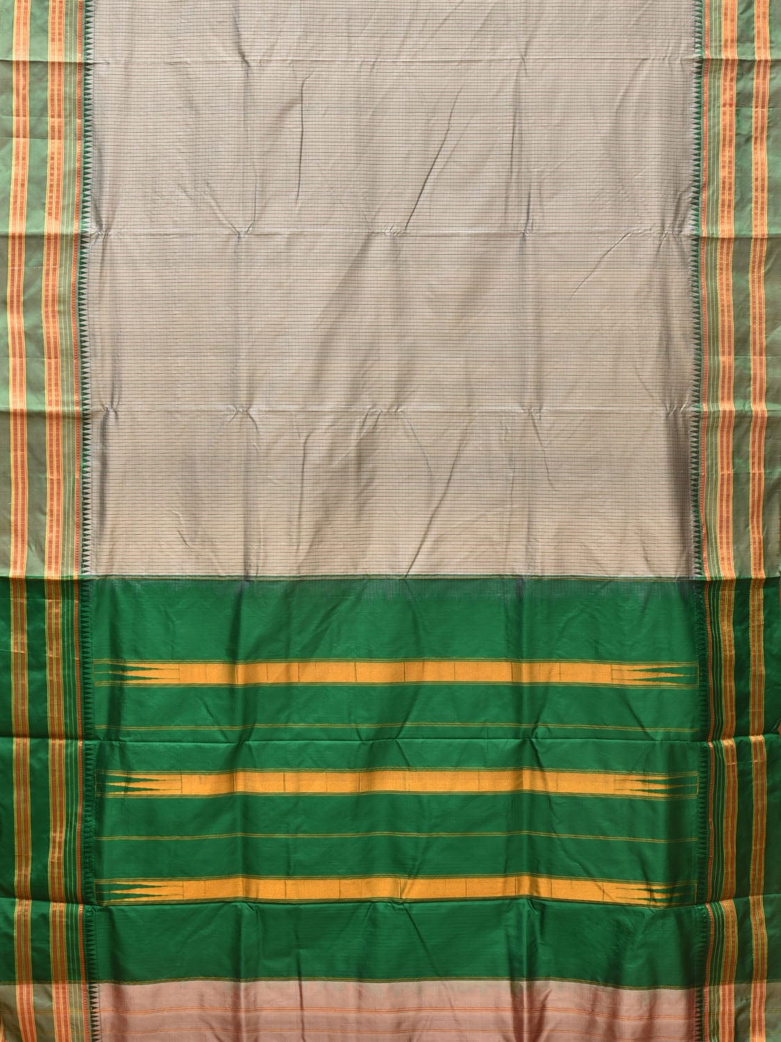 Light Grey and Green Narayanpet Silk Handloom Saree with Checks Design No Blouse np0750