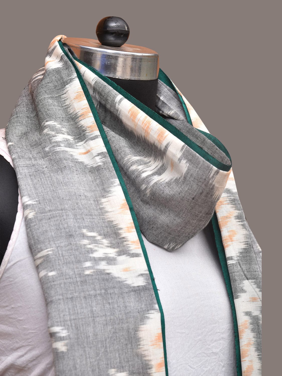 Light Grey and Green Pochamaplly Ikat Cotton Handloom Dupatta with Deers Design ds3360