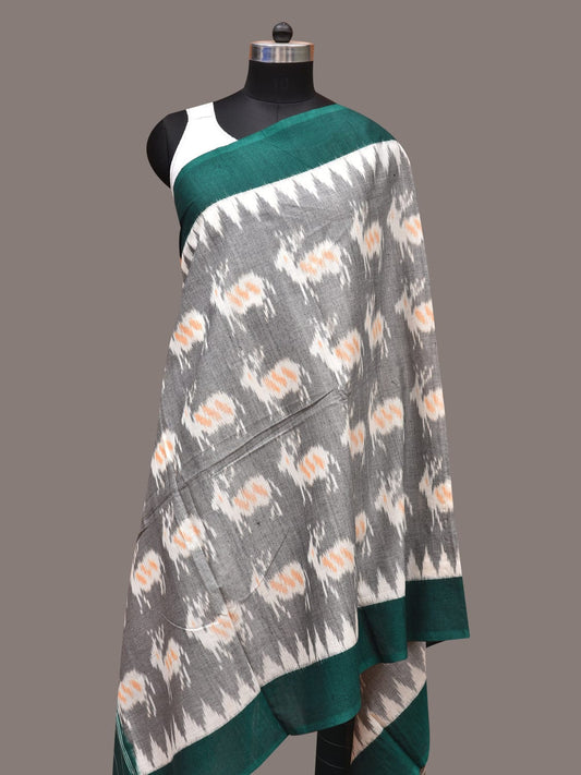 Light Grey and Green Pochamaplly Ikat Cotton Handloom Dupatta with Deers Design ds3360
