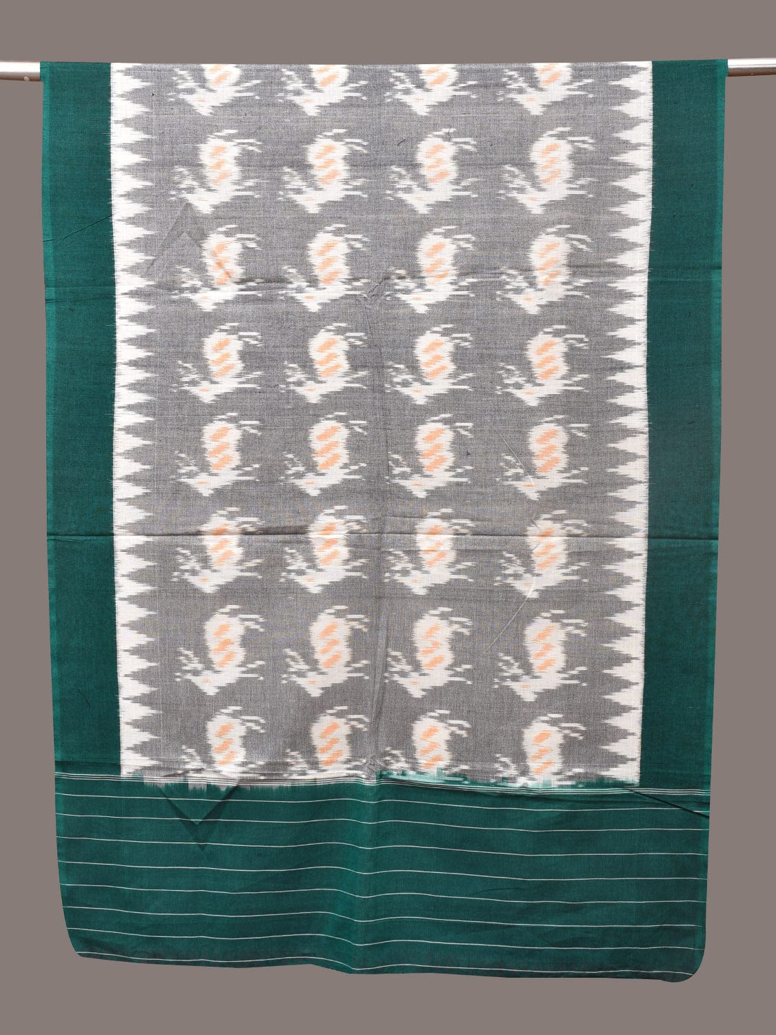 Light Grey and Green Pochamaplly Ikat Cotton Handloom Dupatta with Deers Design ds3360