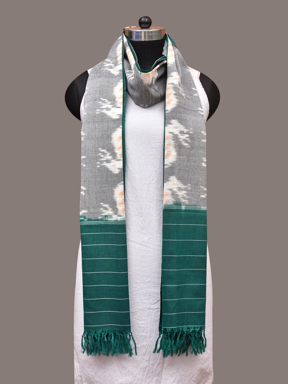 Light Grey and Green Pochamaplly Ikat Cotton Handloom Dupatta with Deers Design ds3360