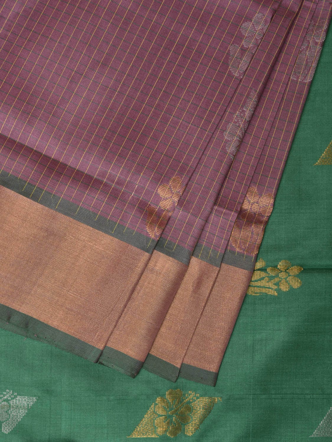Light Grey and Light Green Uppada Silk Handloom Saree with Body Buta and Checks Design u2199