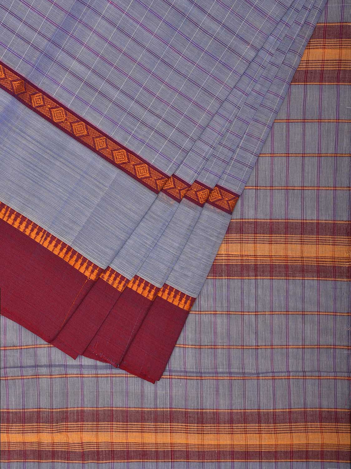 Light Grey and Maroon Narayanpet Cotton Handloom Saree with Big Border and Strips Design No Blouse np1043