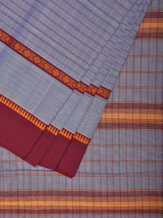Light Grey and Maroon Narayanpet Cotton Handloom Saree with Big Border and Strips Design No Blouse np1043