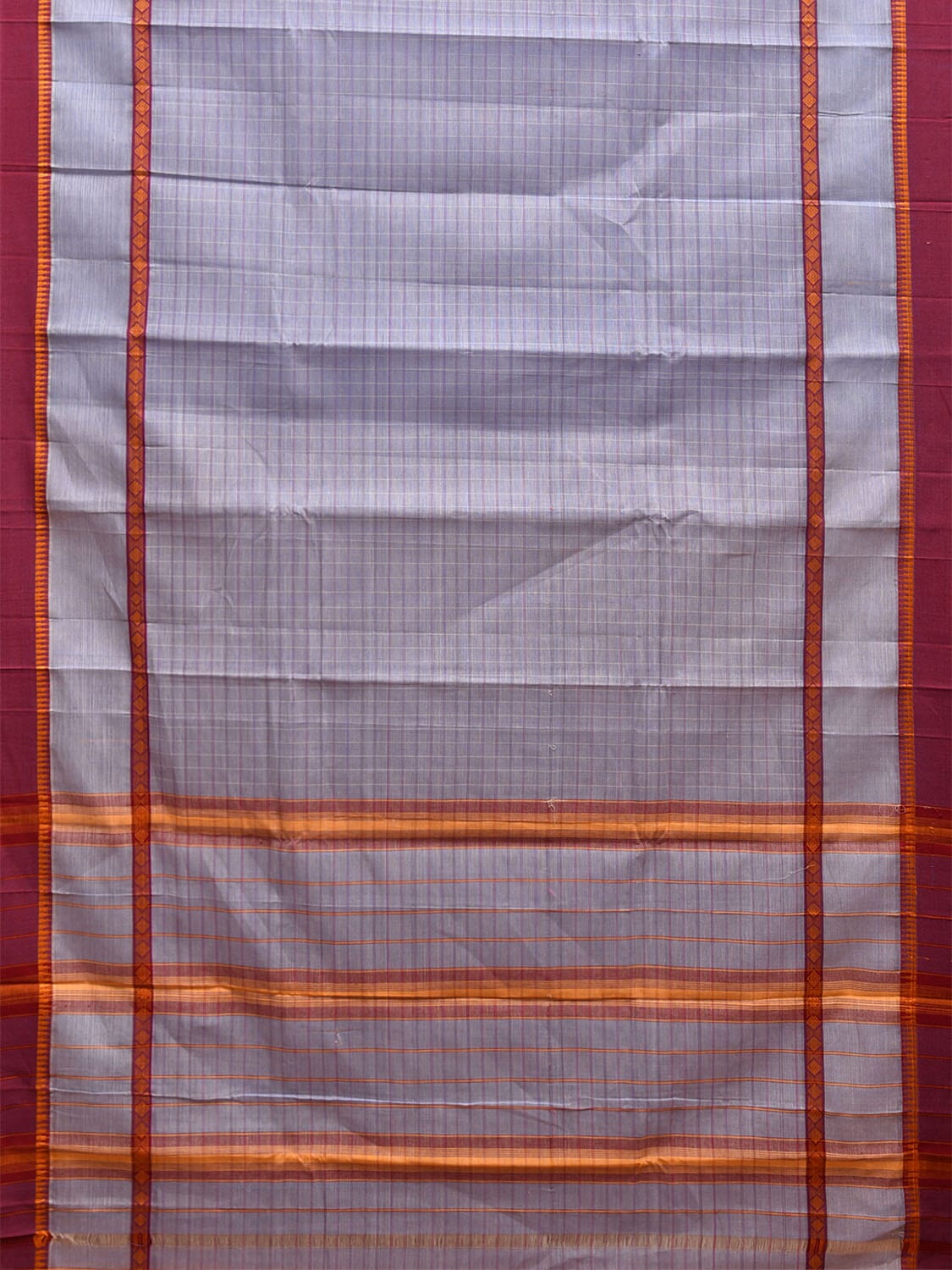 Light Grey and Maroon Narayanpet Cotton Handloom Saree with Big Border and Strips Design No Blouse np1043