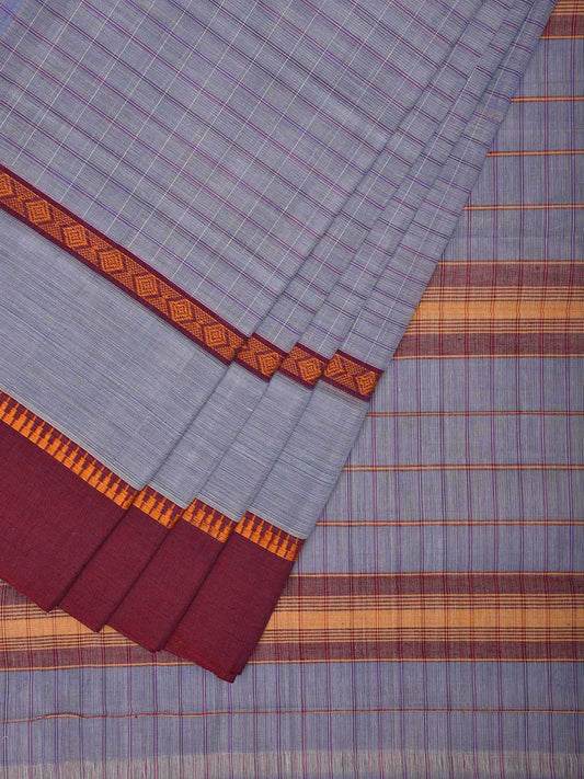 Light Grey and Maroon Narayanpet Cotton Handloom Saree with Strips Design and Big Border No Blouse np1033