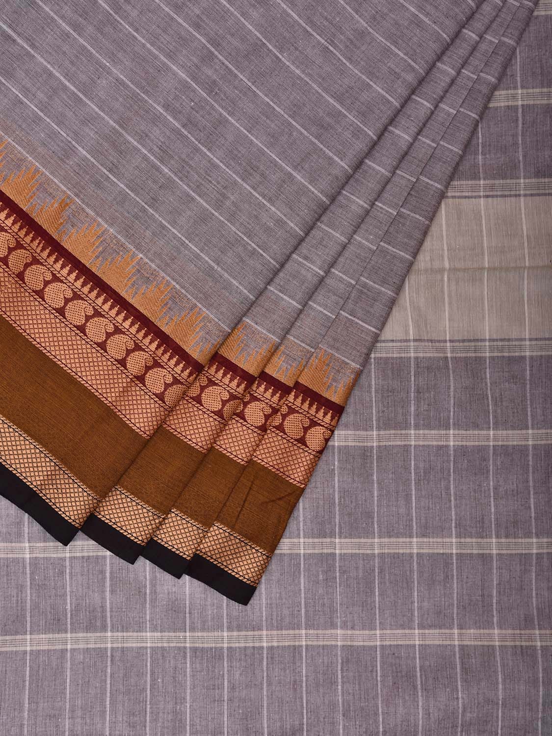 Light Grey and Olive Kanchipuram Cotton Saree with Strips and Border Design k0770