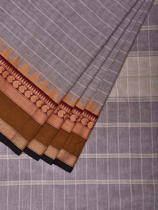 Light Grey and Olive Kanchipuram Cotton Saree with Strips and Border Design k0770