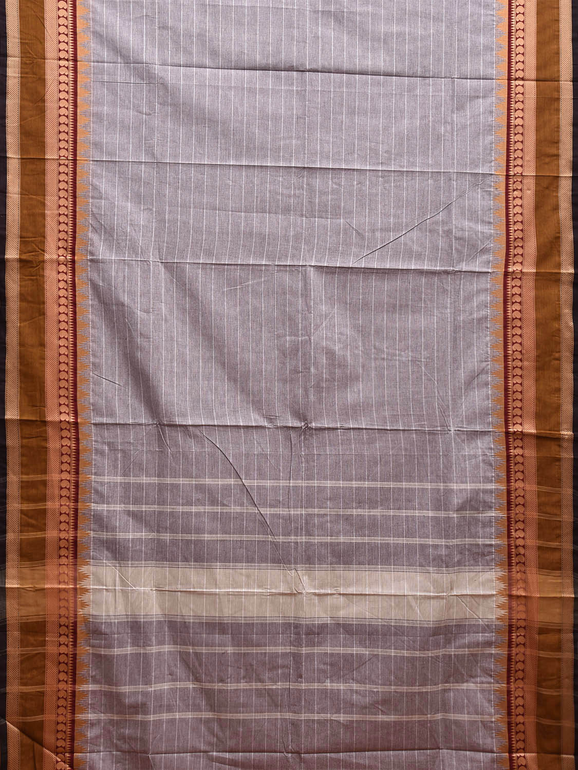 Light Grey and Olive Kanchipuram Cotton Saree with Strips and Border Design k0770