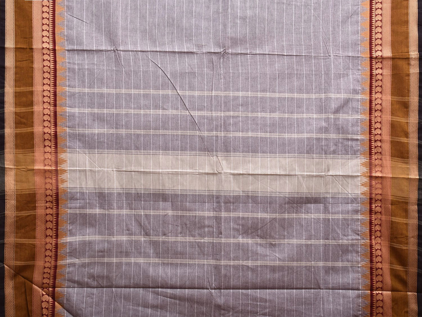 Light Grey and Olive Kanchipuram Cotton Saree with Strips and Border Design k0770