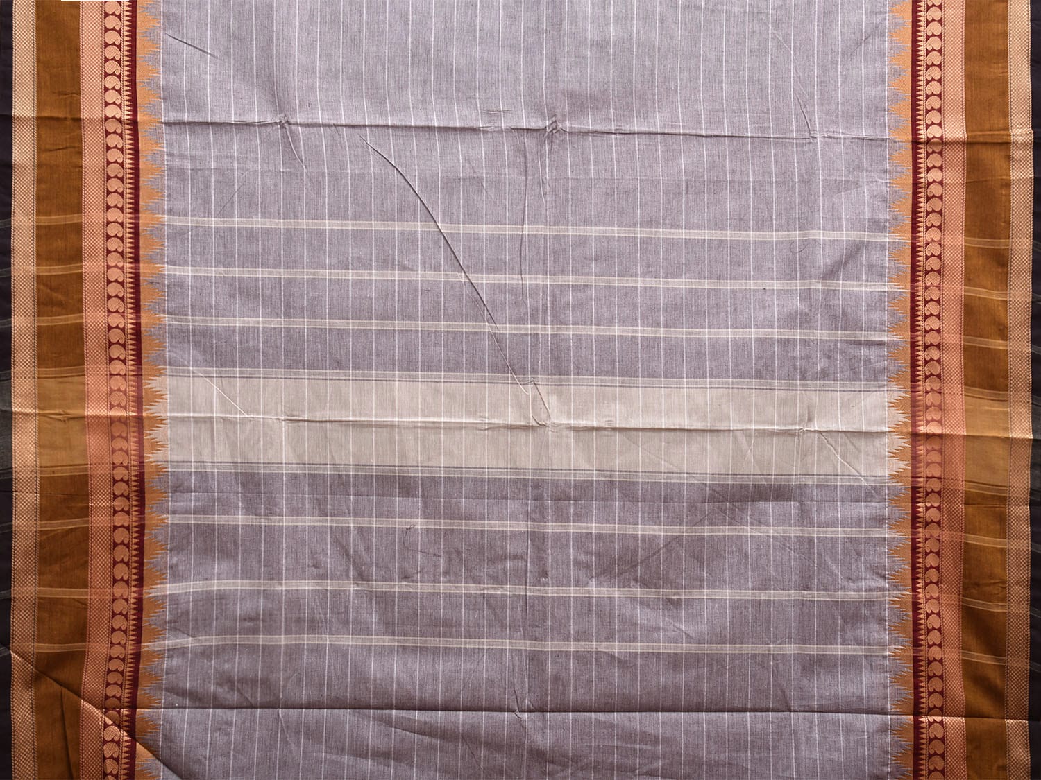 Light Grey and Olive Kanchipuram Cotton Saree with Strips and Border Design k0770