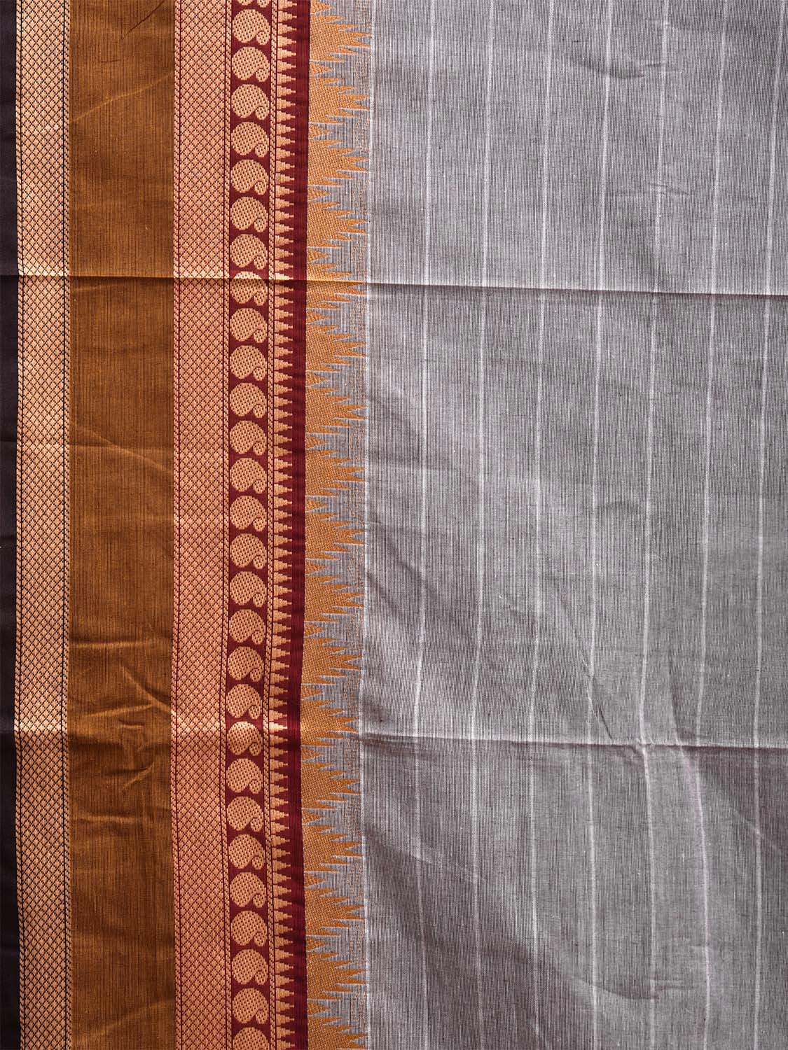 Light Grey and Olive Kanchipuram Cotton Saree with Strips and Border Design k0770