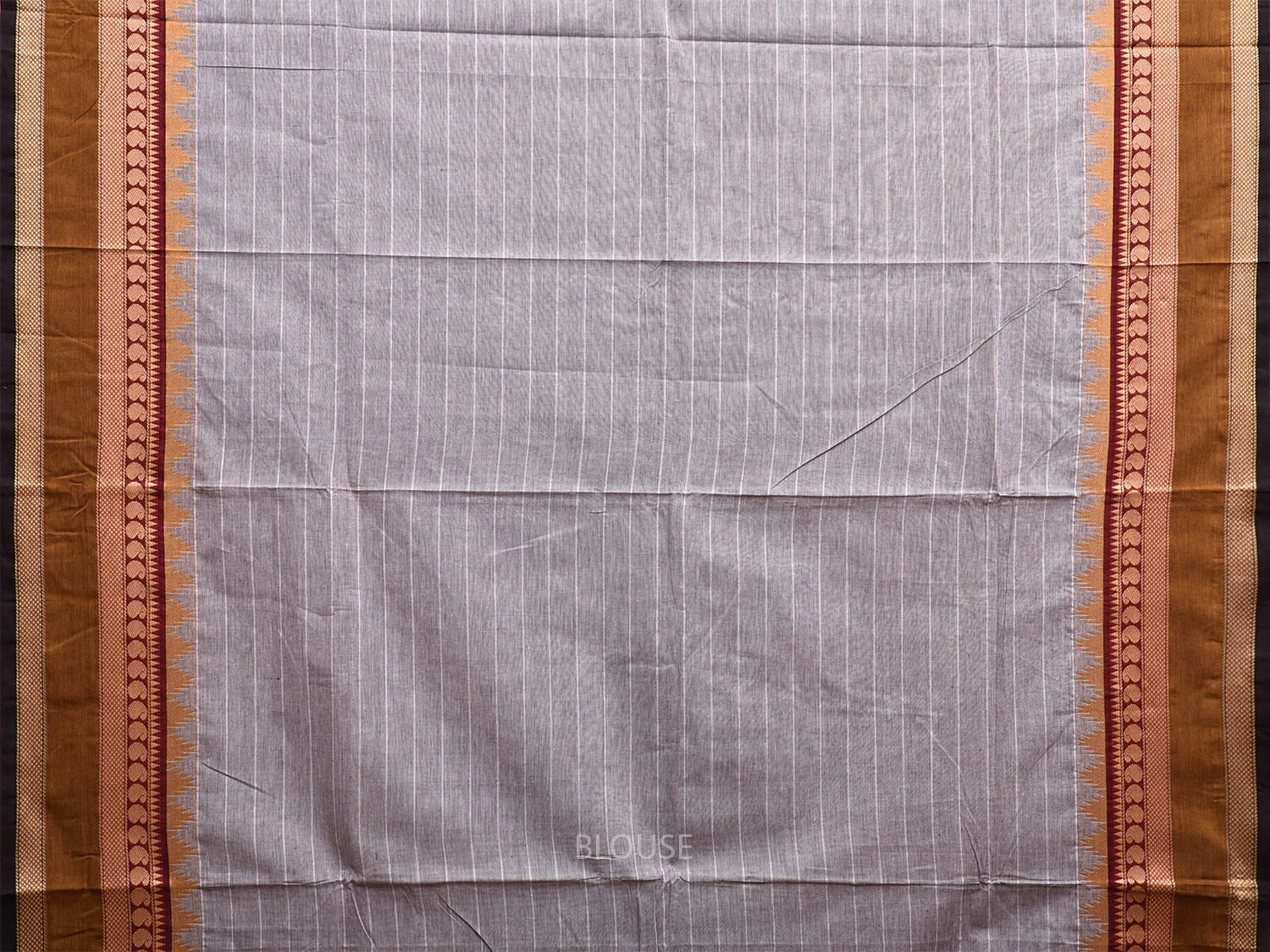 Light Grey and Olive Kanchipuram Cotton Saree with Strips and Border Design k0770