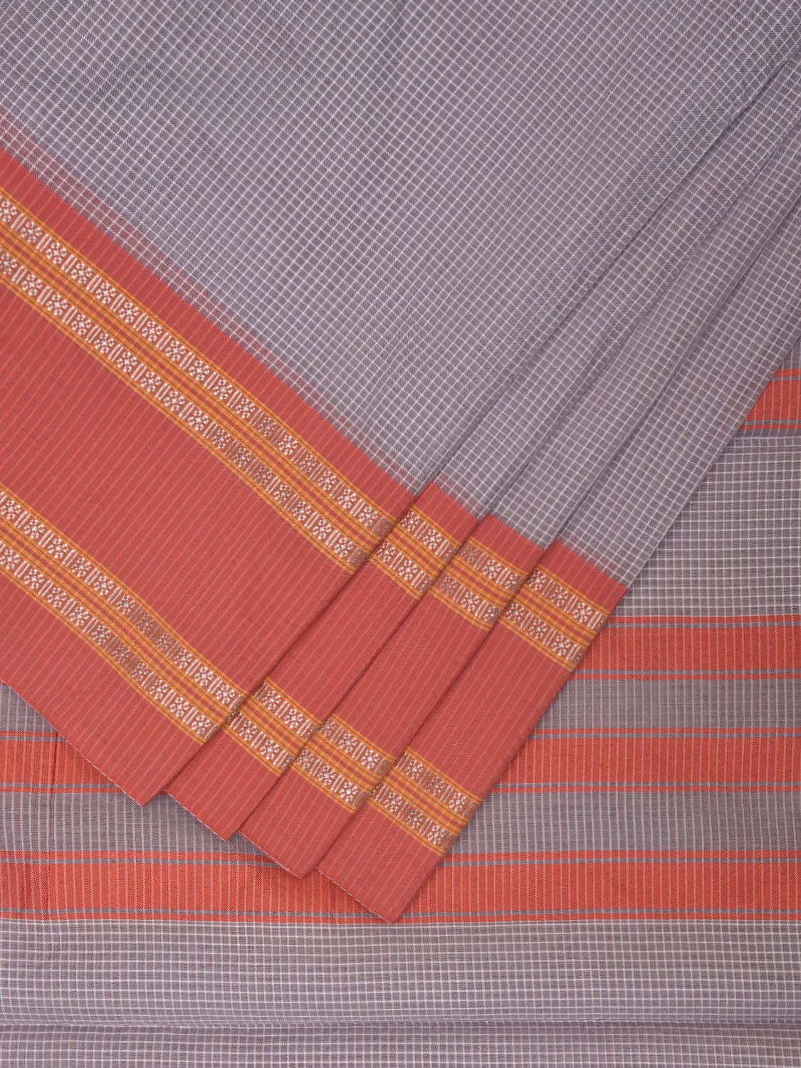 Light Grey and Peach Bamboo Cotton Saree with Small Checks Design No Blouse bc0335