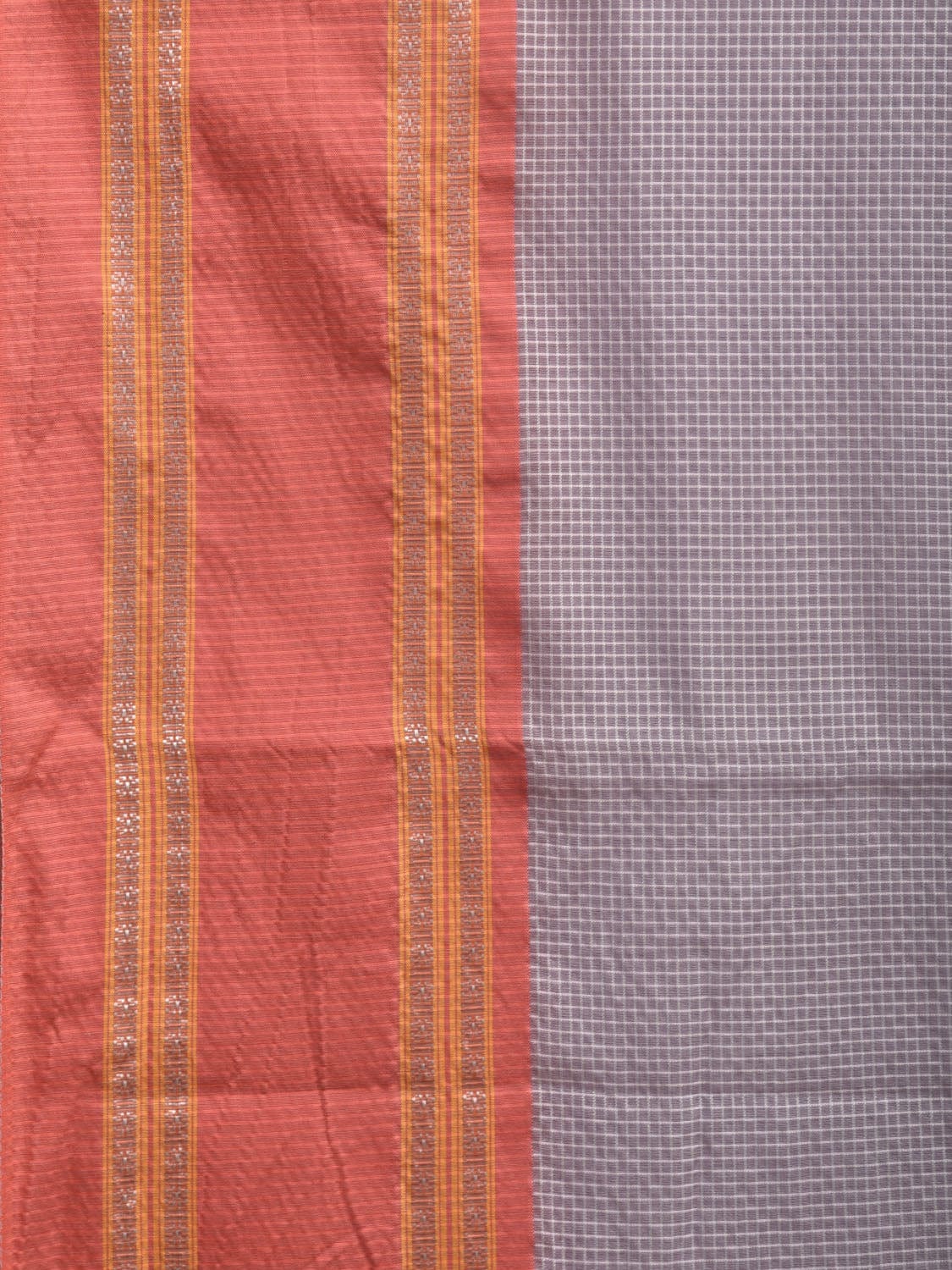 Light Grey and Peach Bamboo Cotton Saree with Small Checks Design No Blouse bc0335