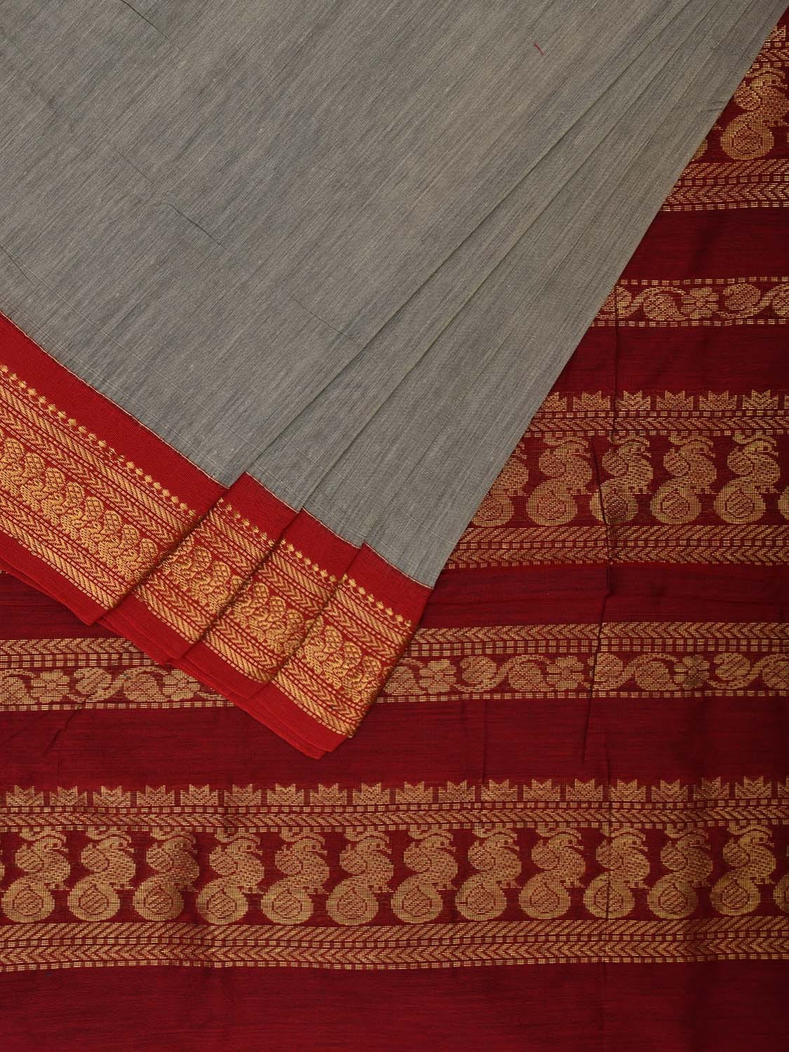 Light Grey and Red Gadwal Cotton Viscose Saree with Border and Pallu Design g0454