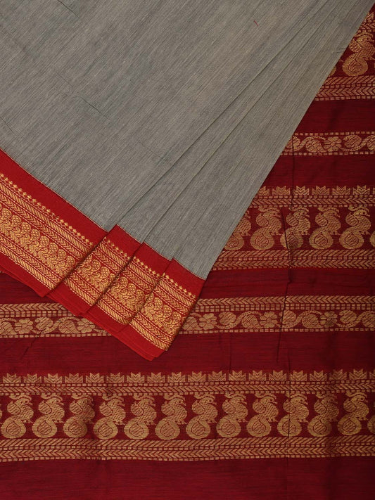 Light Grey and Red Gadwal Cotton Viscose Saree with Border and Pallu Design g0454