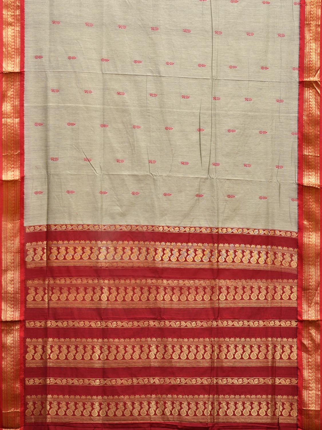 Light Grey and Red Gadwal Cotton Viscose Saree with Border and Pallu Design g0454