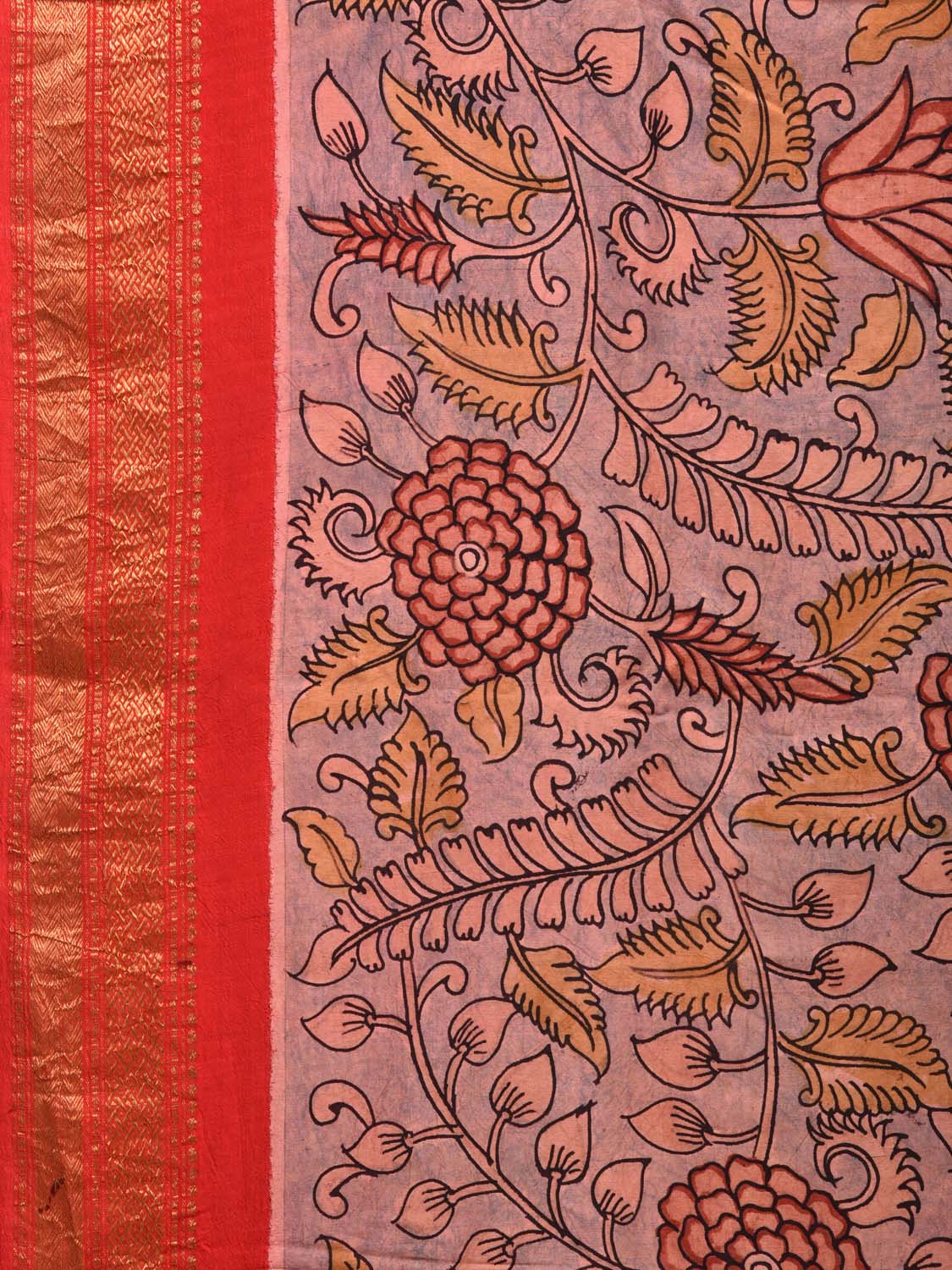 Light Grey and Red Kalamkari Hand Painted Kanchipuram Silk Handloom Saree with Floral Design KL0472