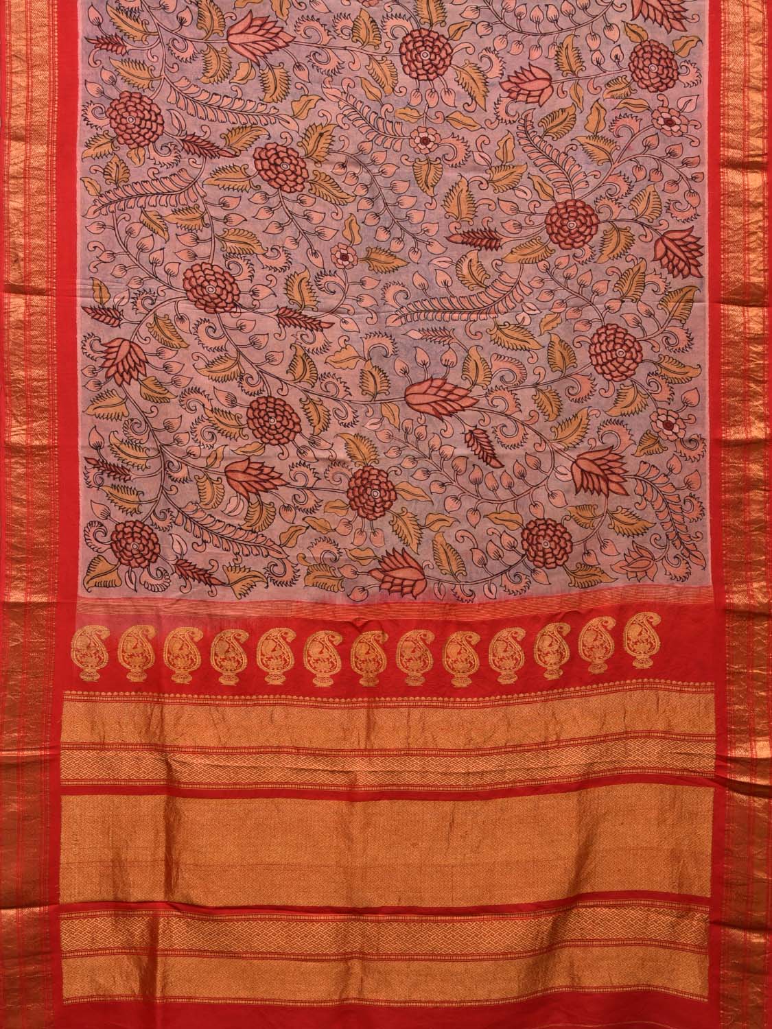 Light Grey and Red Kalamkari Hand Painted Kanchipuram Silk Handloom Saree with Floral Design KL0472