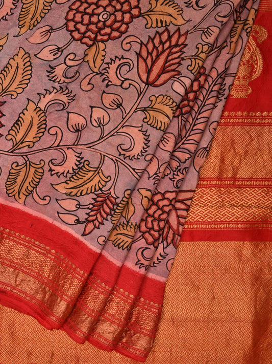 Light Grey and Red Kalamkari Hand Painted Kanchipuram Silk Handloom Saree with Floral Design KL0472