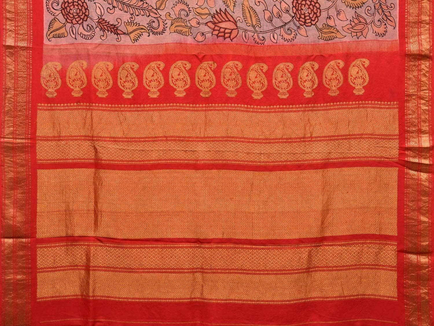 Light Grey and Red Kalamkari Hand Painted Kanchipuram Silk Handloom Saree with Floral Design KL0472