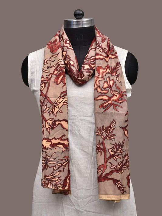 Light Grey and Red Kalamkari Hand Painted Silk Stole with Floral Design ds2316
