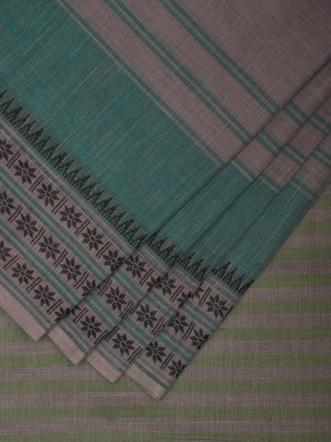 Light Grey and Turquoise Kanchipuram Cotton Handloom Plain Saree with Strips Pallu and Border Design k0546