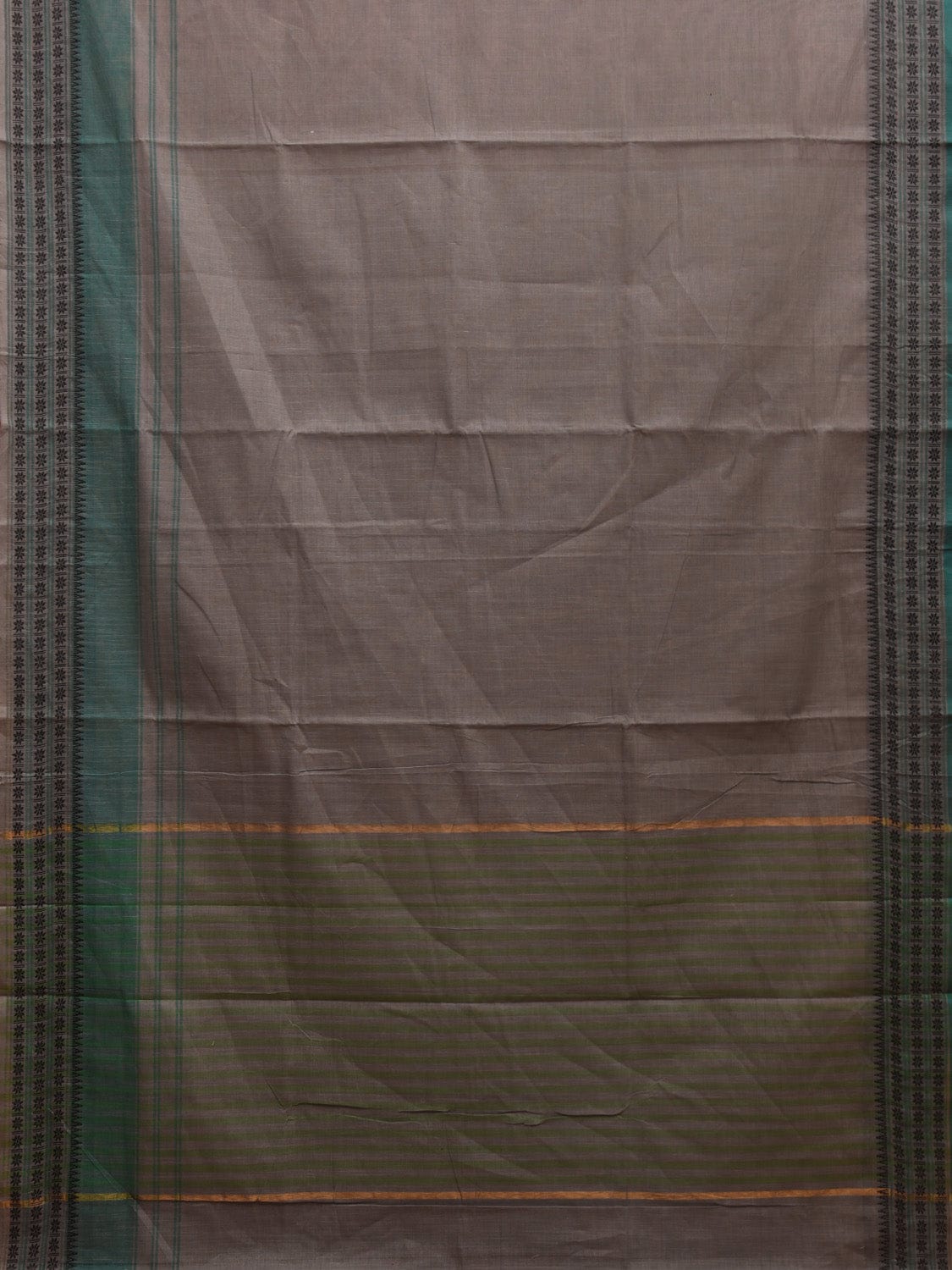 Light Grey and Turquoise Kanchipuram Cotton Handloom Plain Saree with Strips Pallu and Border Design k0546