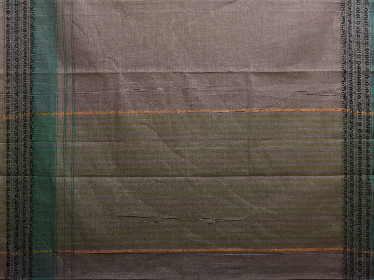 Light Grey and Turquoise Kanchipuram Cotton Handloom Plain Saree with Strips Pallu and Border Design k0546