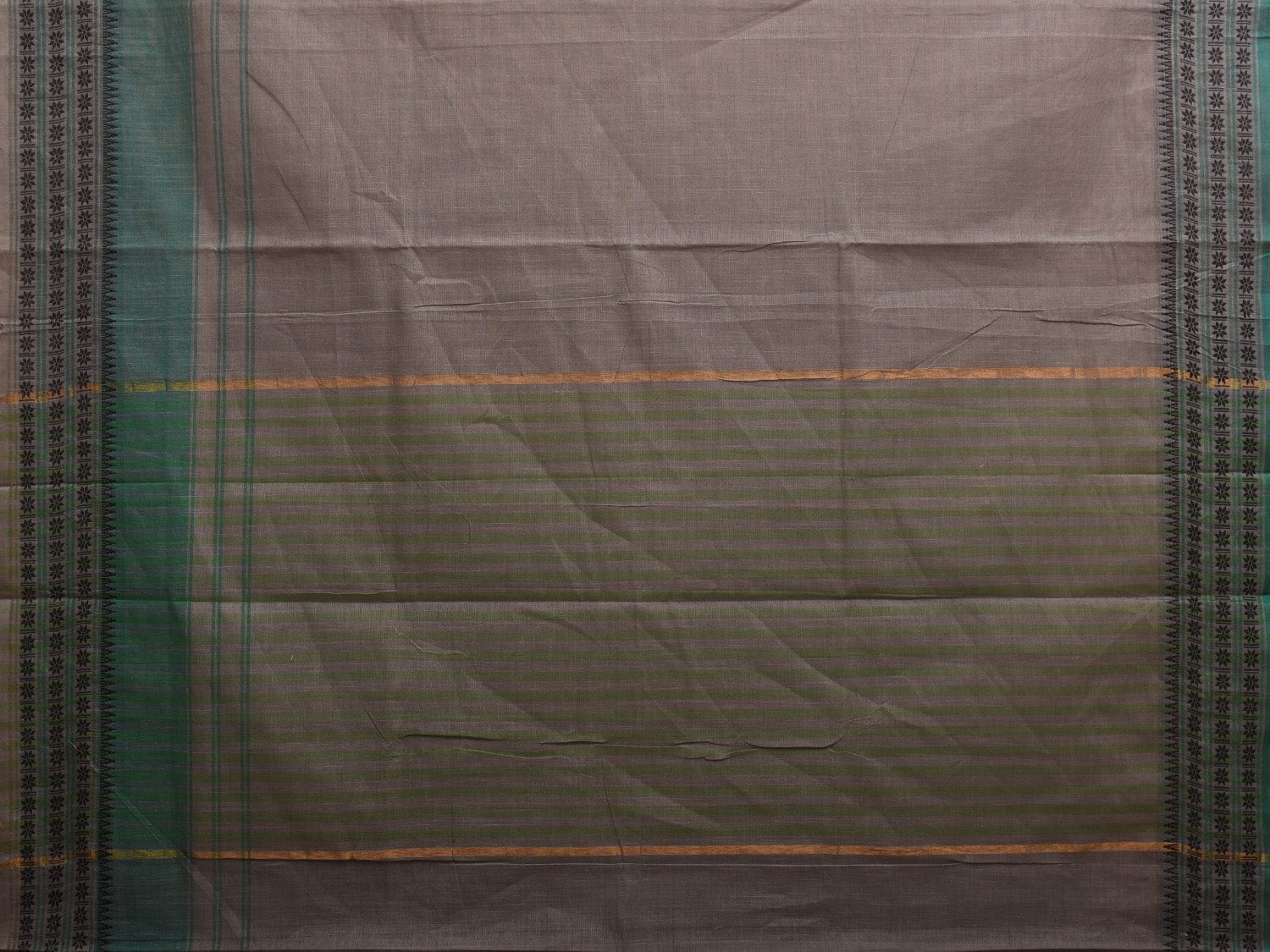 Light Grey and Turquoise Kanchipuram Cotton Handloom Plain Saree with Strips Pallu and Border Design k0546