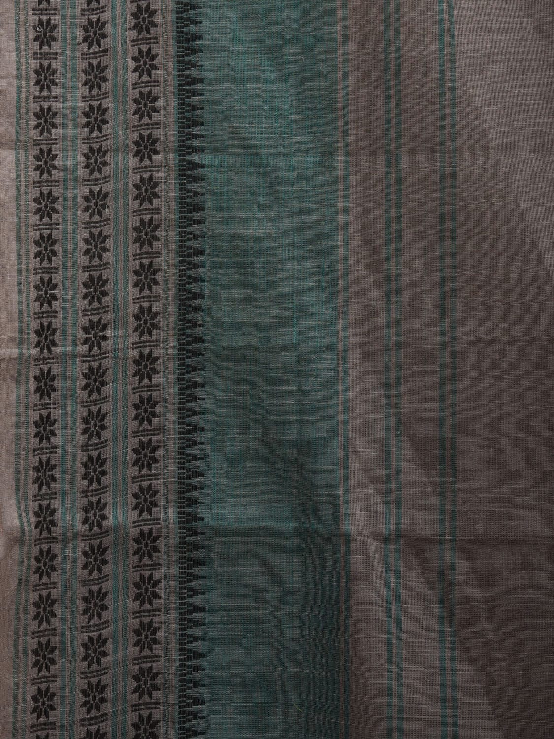 Light Grey and Turquoise Kanchipuram Cotton Handloom Plain Saree with Strips Pallu and Border Design k0546