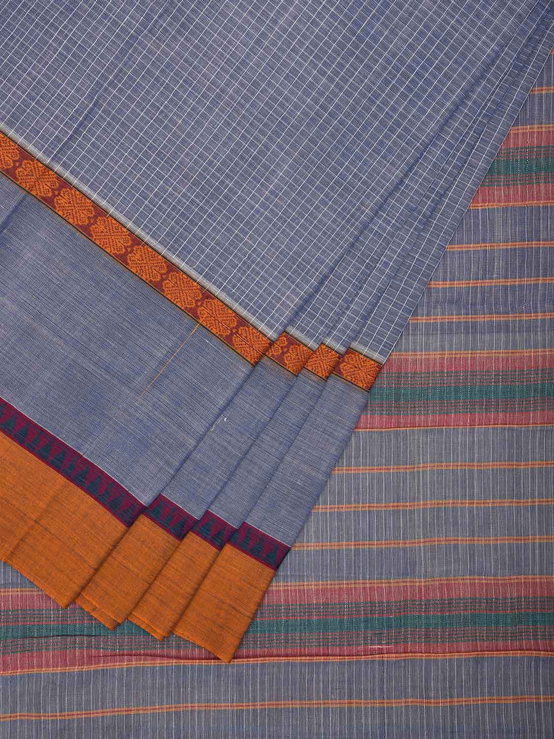 Light Grey and Yellow Narayanpet Cotton Handloom Saree with Checks Design and Big Border No Blouse np1027